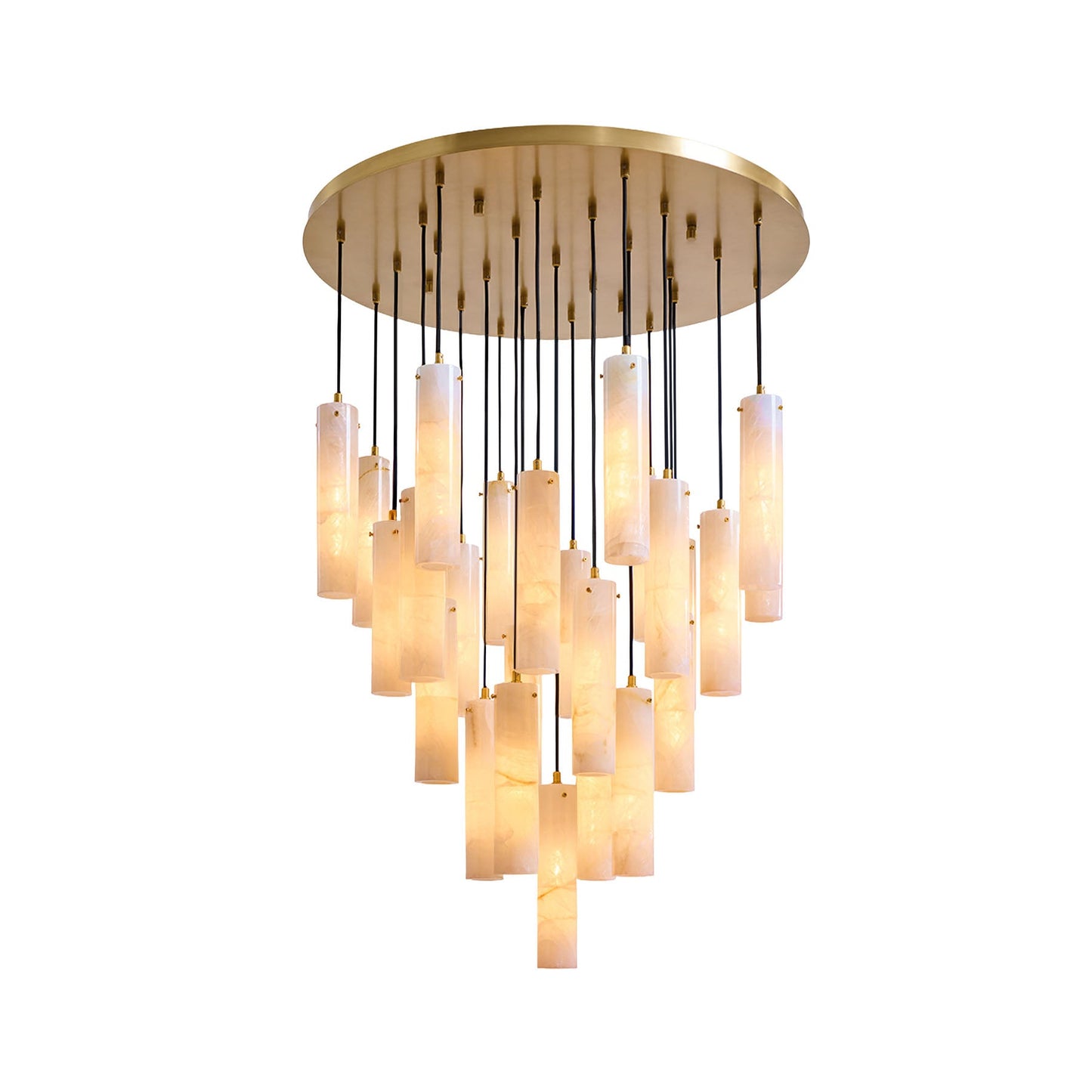 Chandelier with multiple cylindrical lights on a white background
