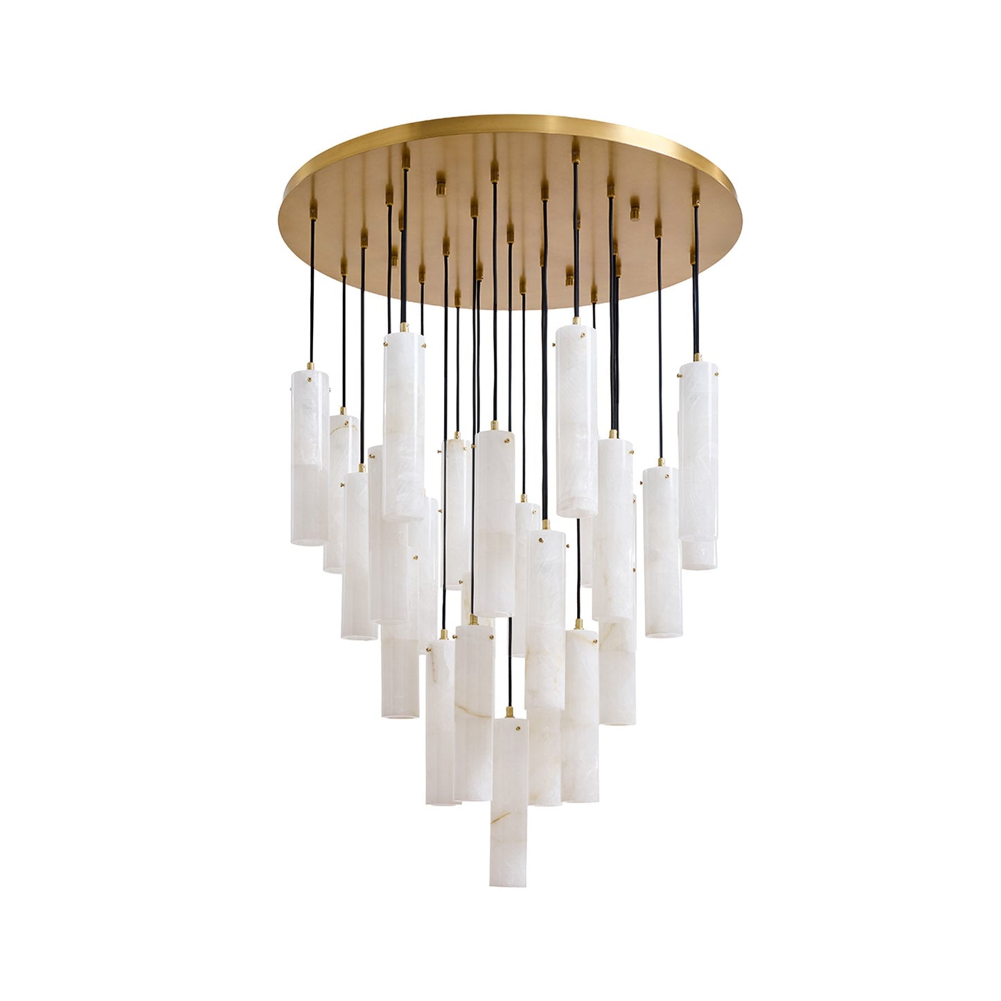 Chandelier with gold fixture and white cylindrical lights on a white background