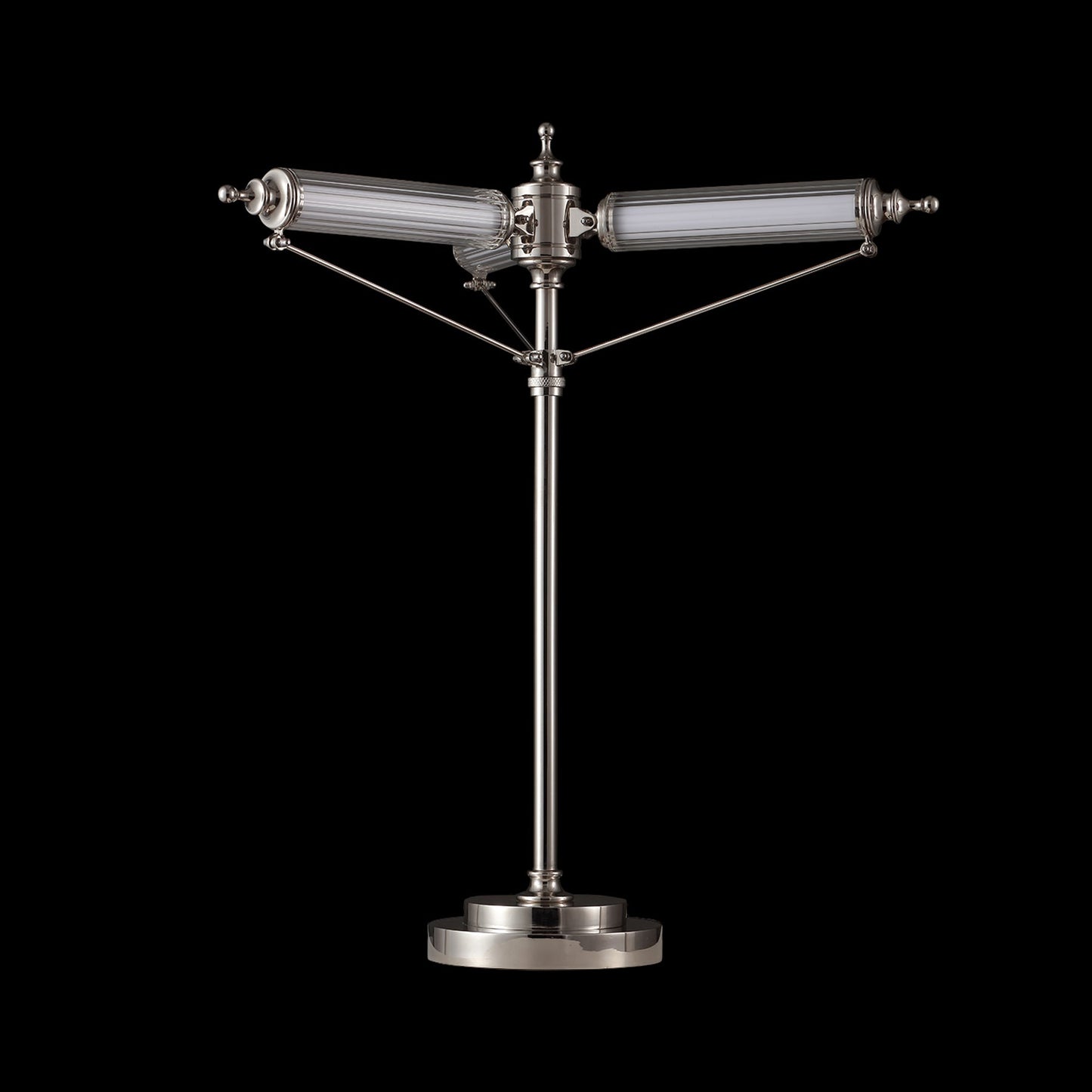 Decorative lamp with three cylindrical glass shades on a black background