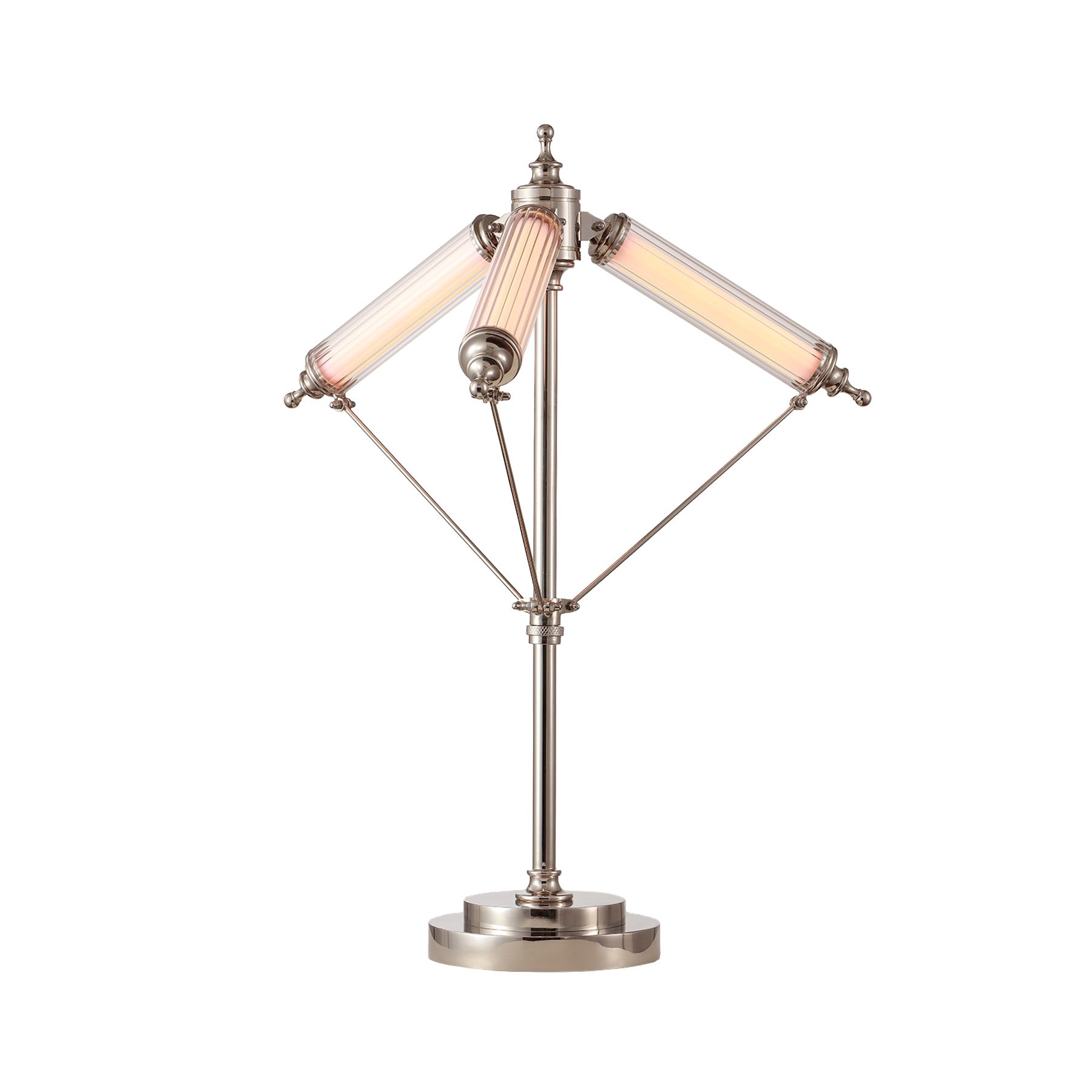 Vintage-style table lamp with two curved glass shades on a white background