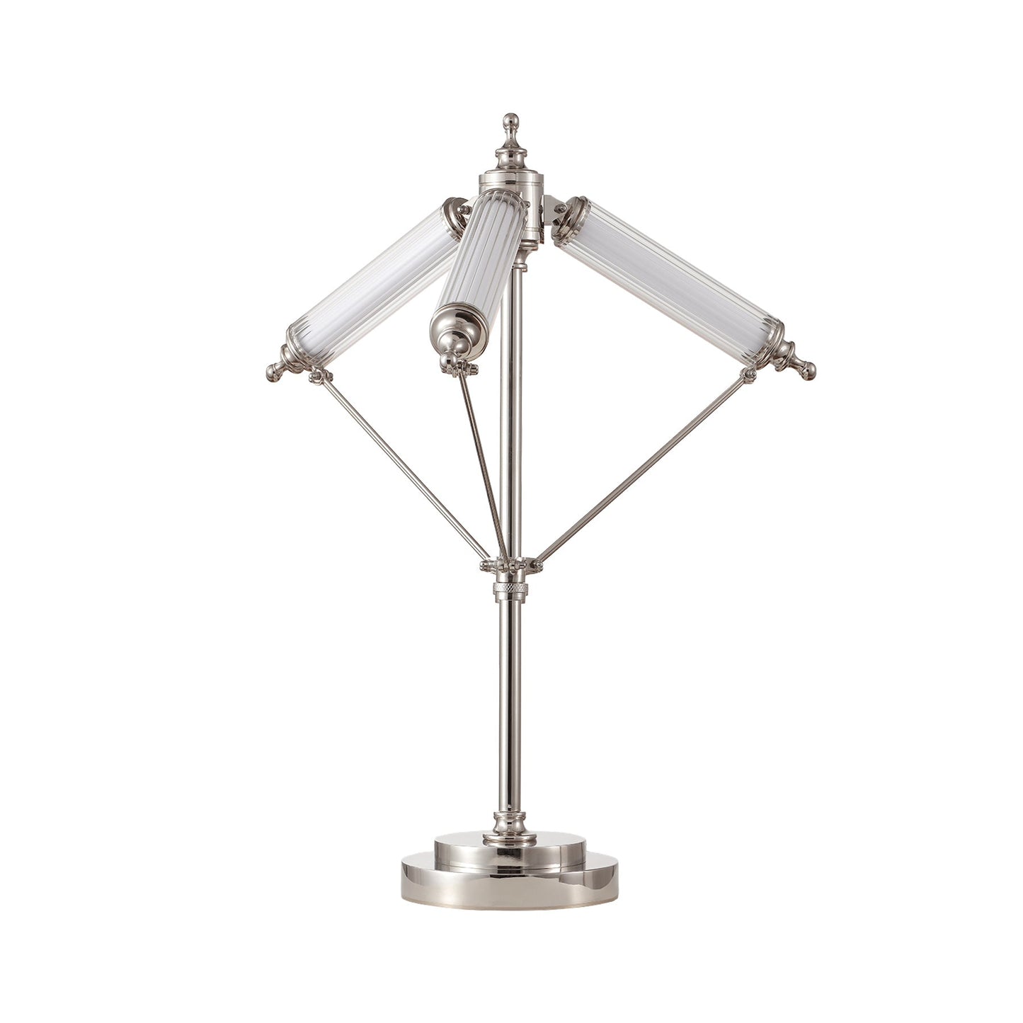 Decorative table lamp with metallic base and glass shades on a white background