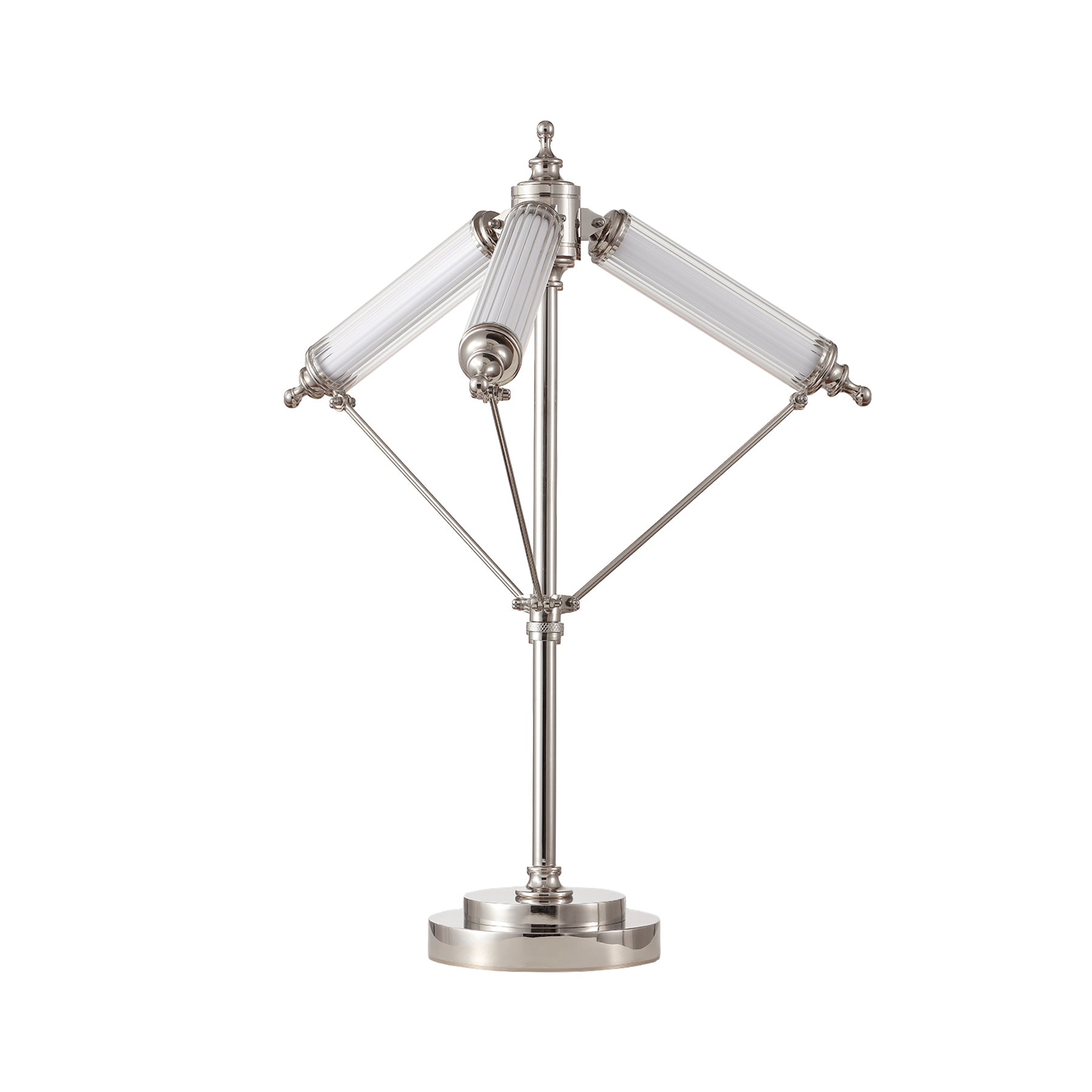 Decorative table lamp with metallic base and glass shades on a white background