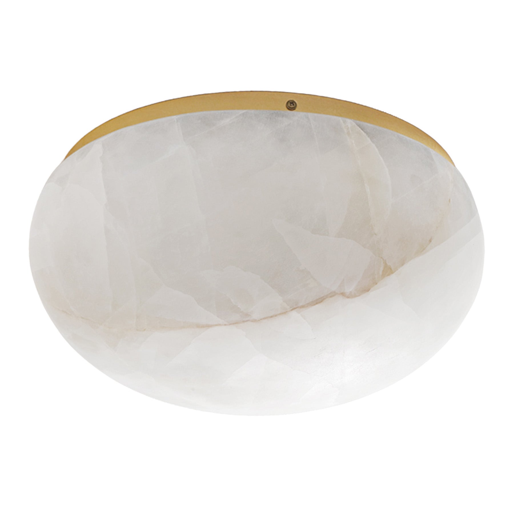 Round white ceiling light fixture with gold rim on a white background