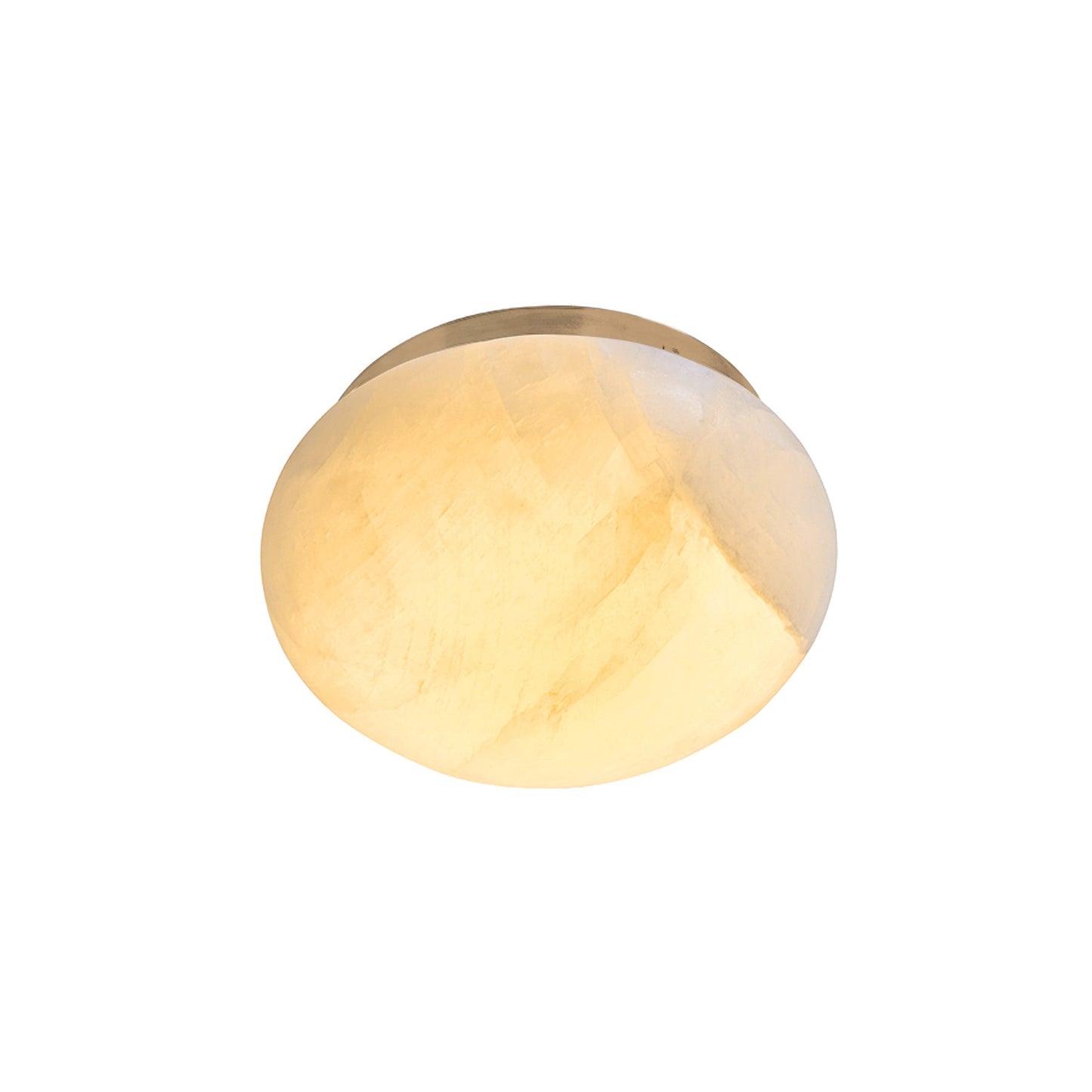 Round ceiling light fixture with gold frame and white glass on a white background
