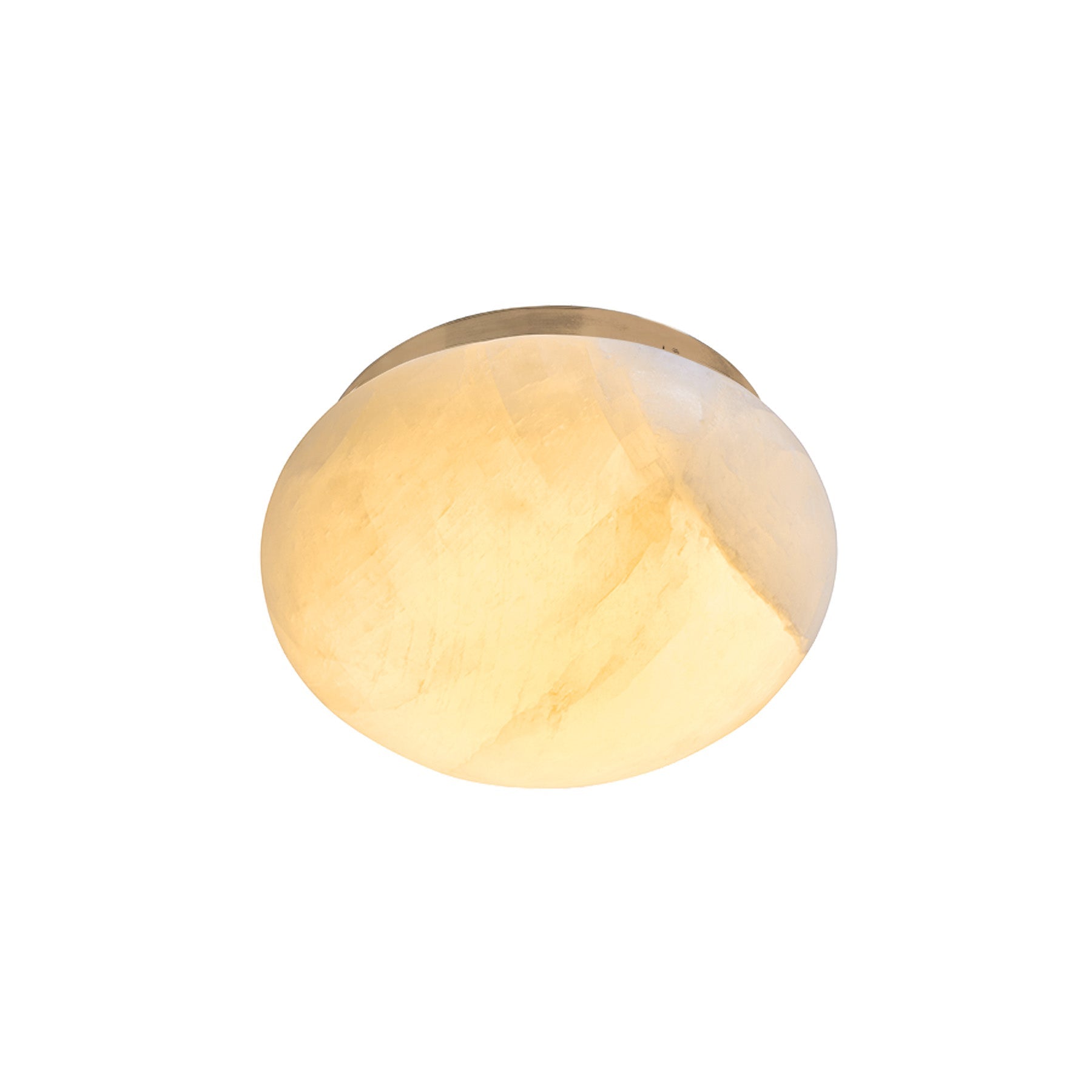 Round ceiling light fixture with gold frame and white glass on a white background