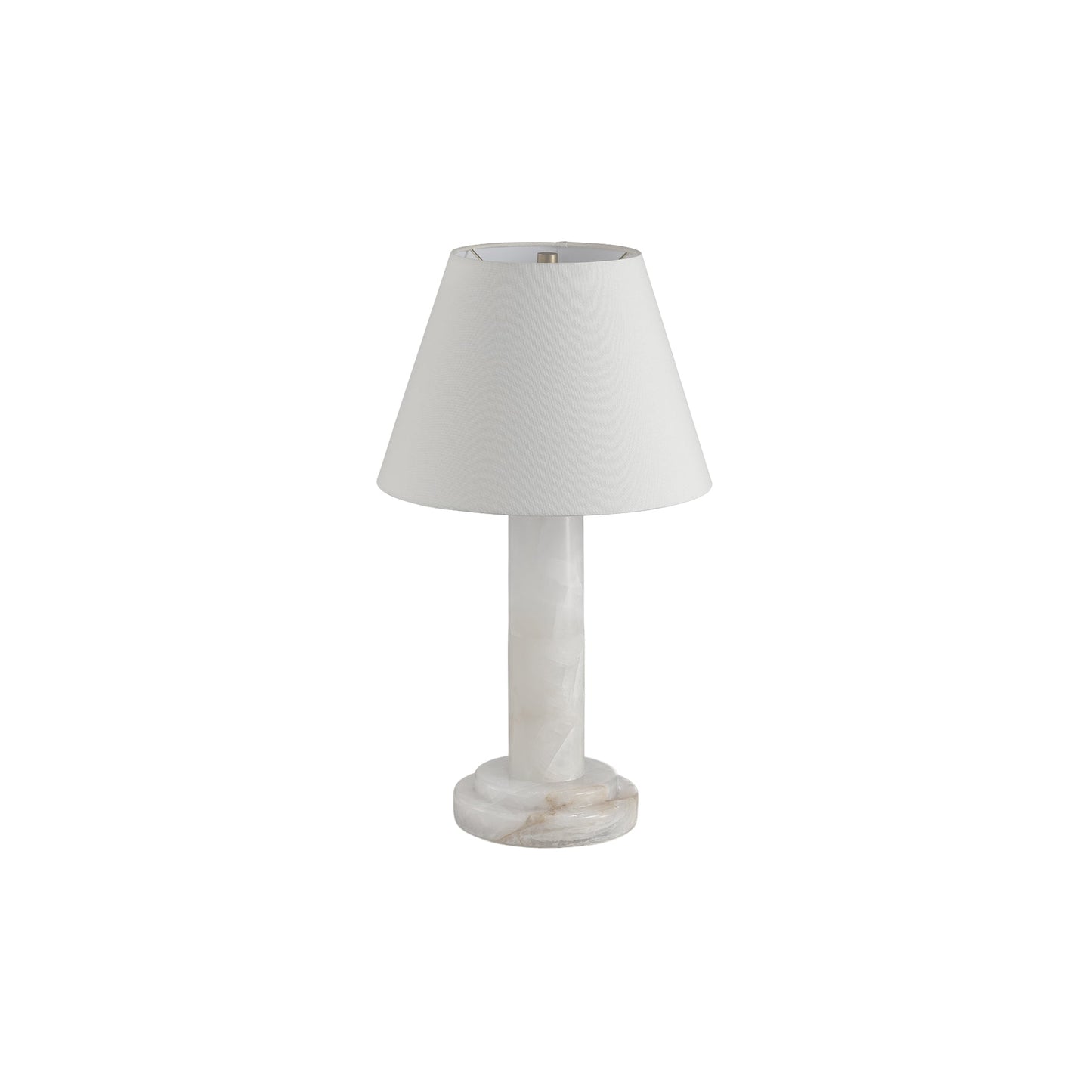 Table lamp with a white marble base and shade on a white background