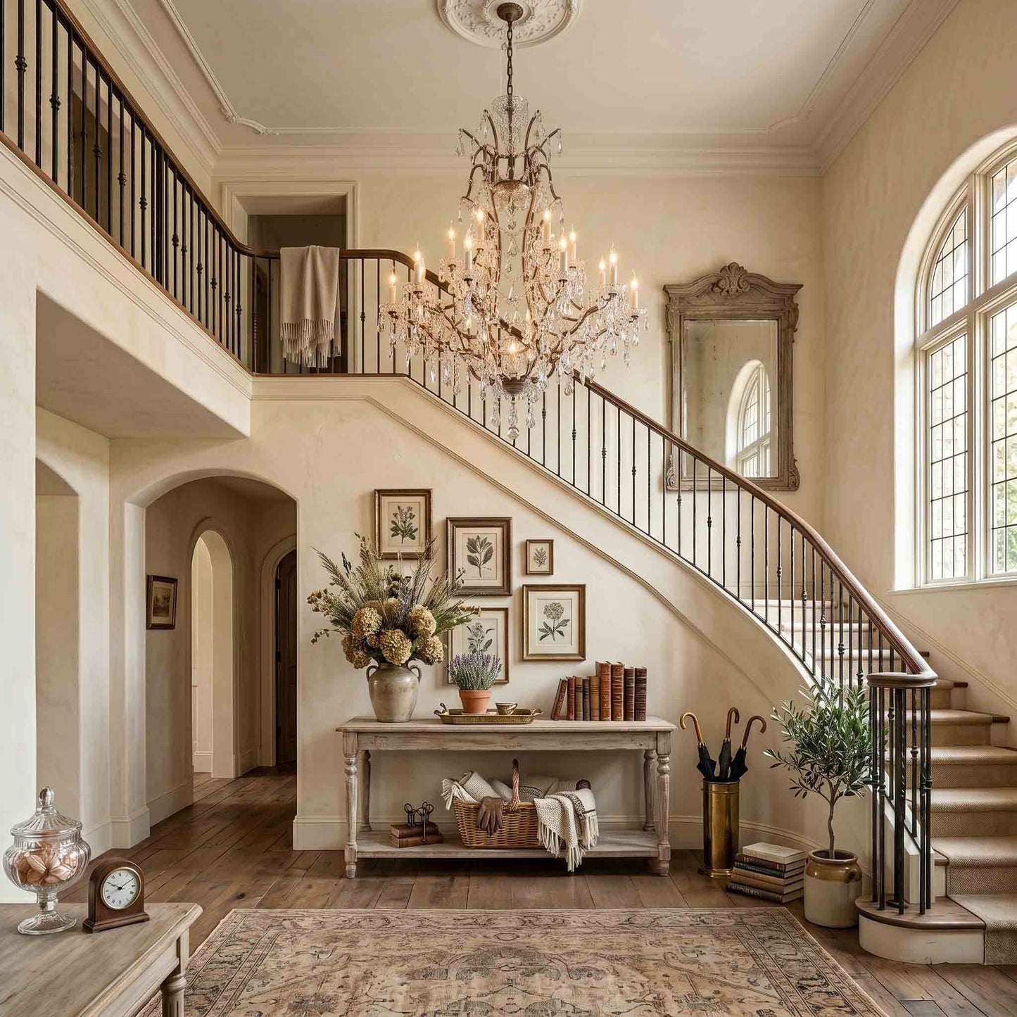 Staircase in a home with a chandelier, console table, and decorative items.