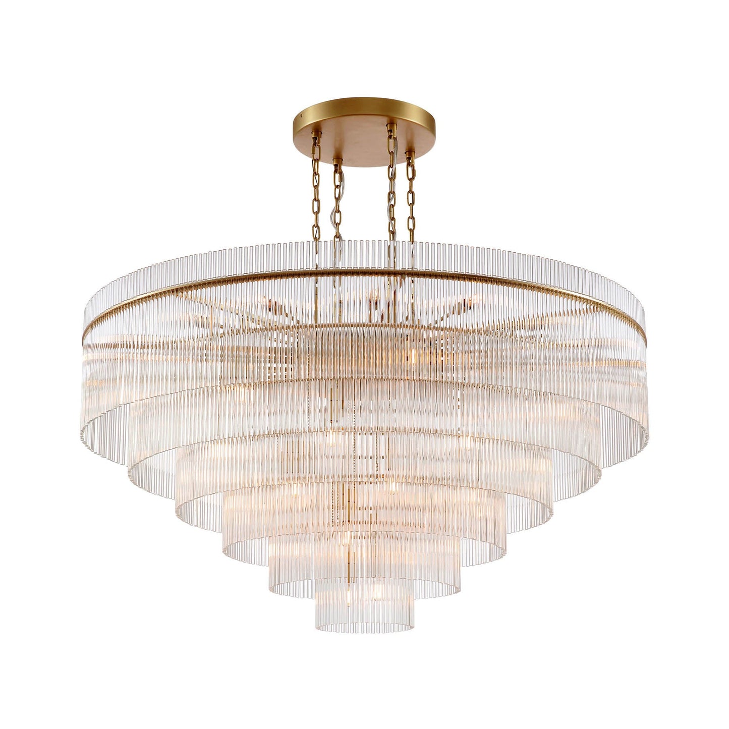 Timelore tiered round chandelier with solid crystal rods and natural brass frame