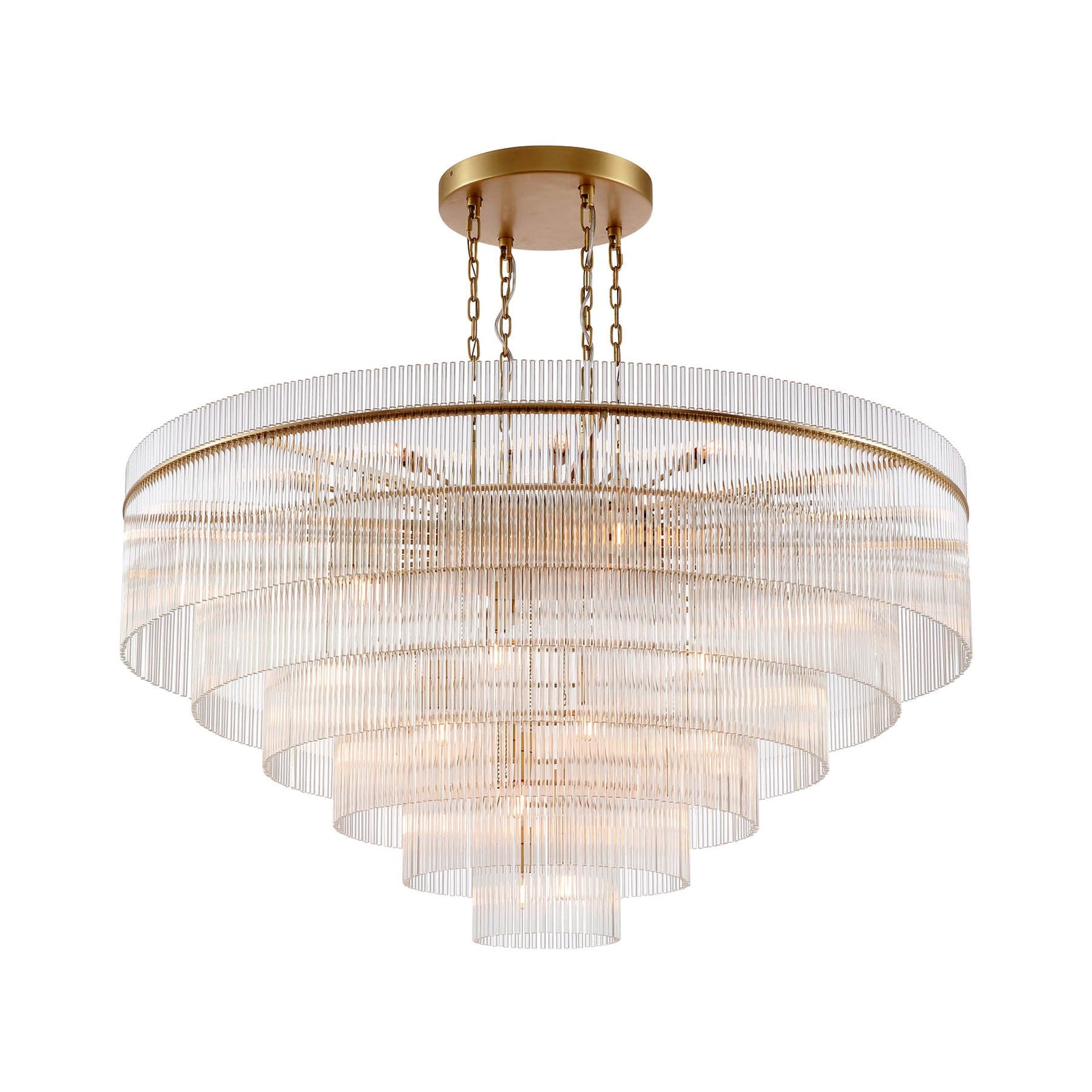 Timelore tiered round chandelier with solid crystal rods and natural brass frame