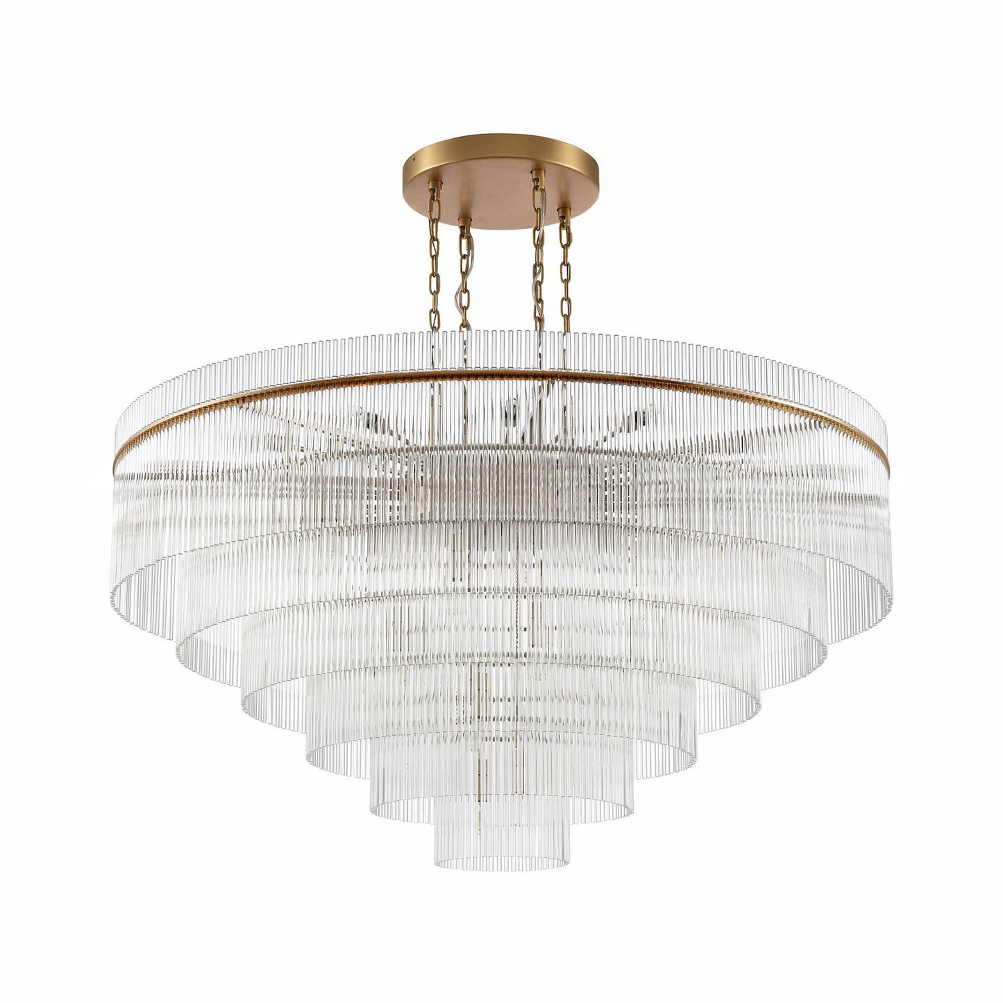 Chandelier with multiple tiers of crystal and gold accents on a white background
