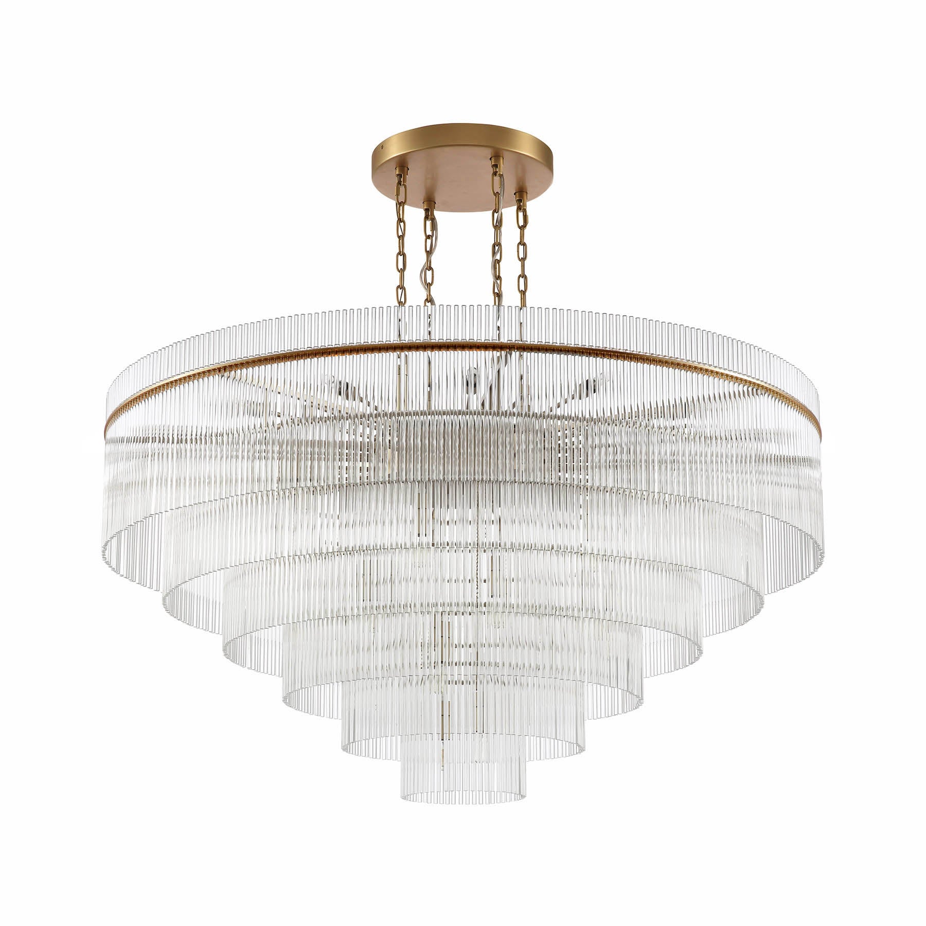 Chandelier with multiple tiers of crystal and gold accents on a white background