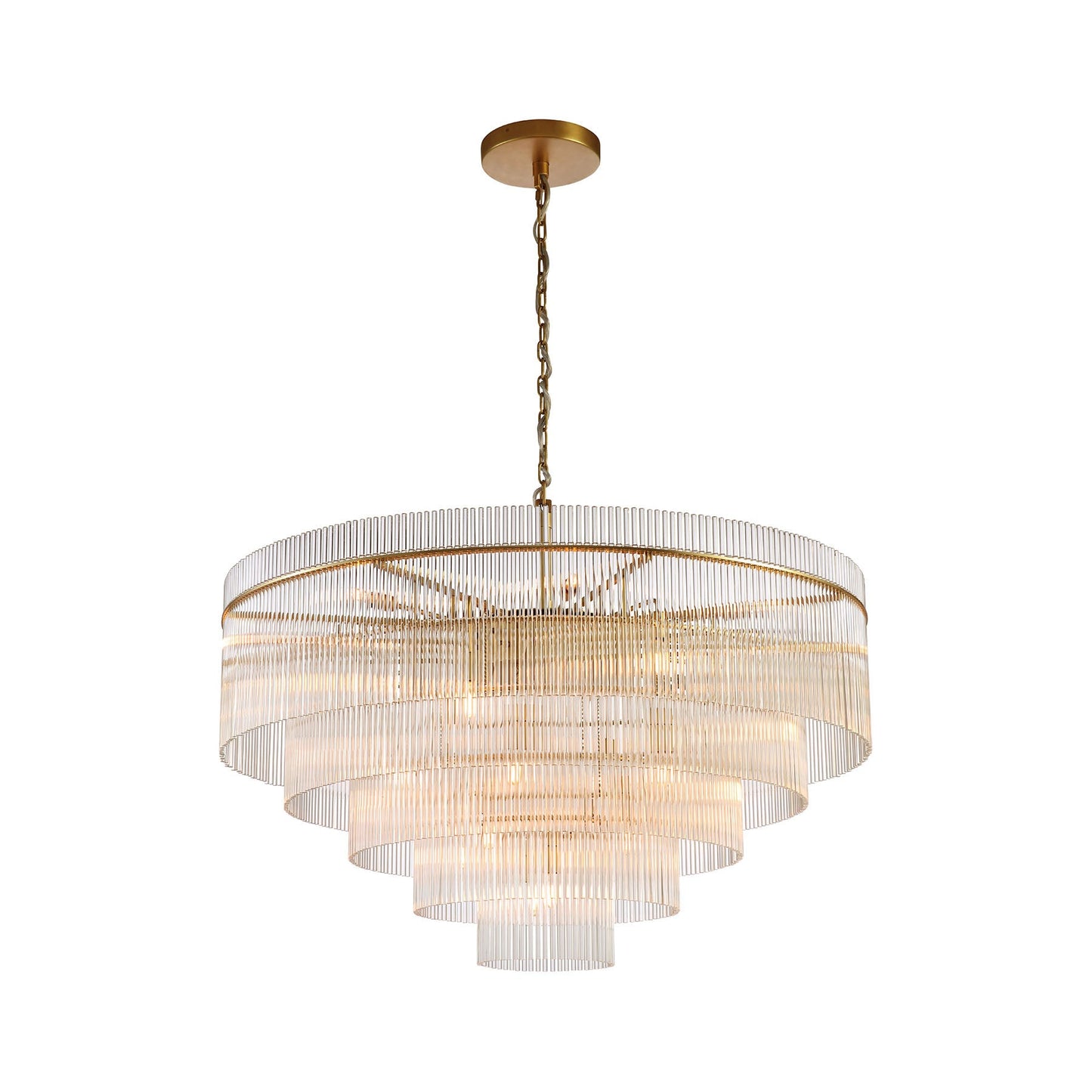 Medium Timelore chandelier with layered crystal tiers and warm aged brass finish