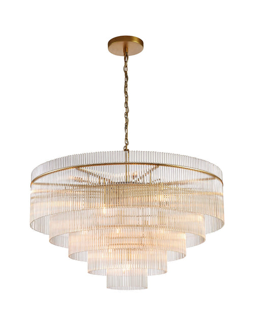 Load image into Gallery viewer, Medium Timelore chandelier with layered crystal tiers and warm aged brass finish
