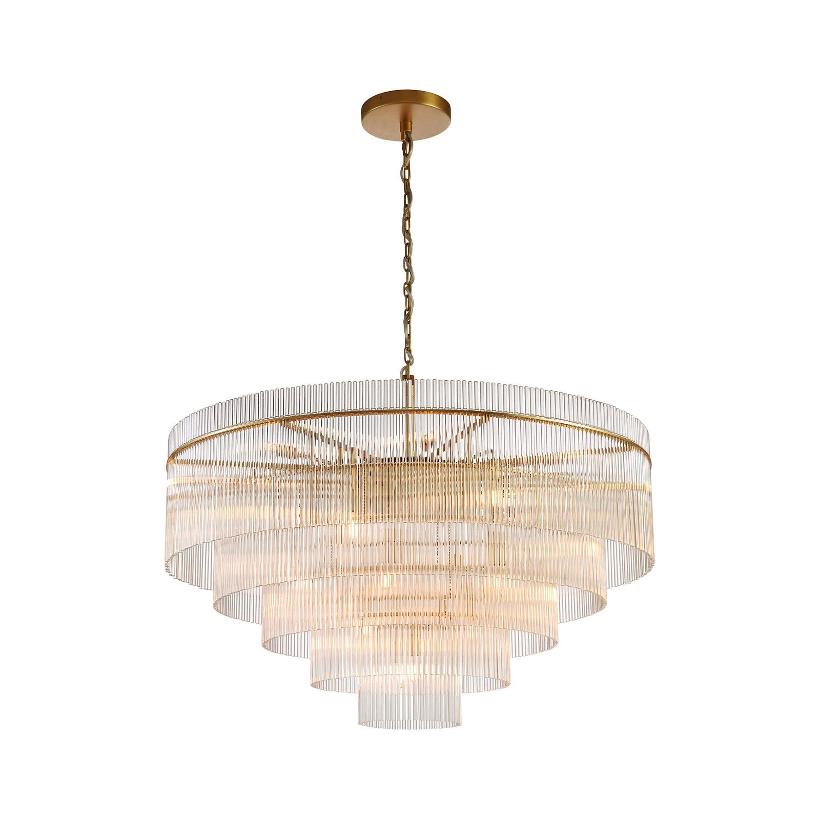 Medium Timelore chandelier with layered crystal tiers and warm aged brass finish