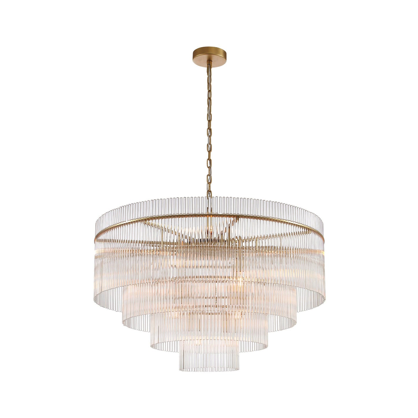 small timelore chandelier with layered crystal tiers and warm aged brass finish
