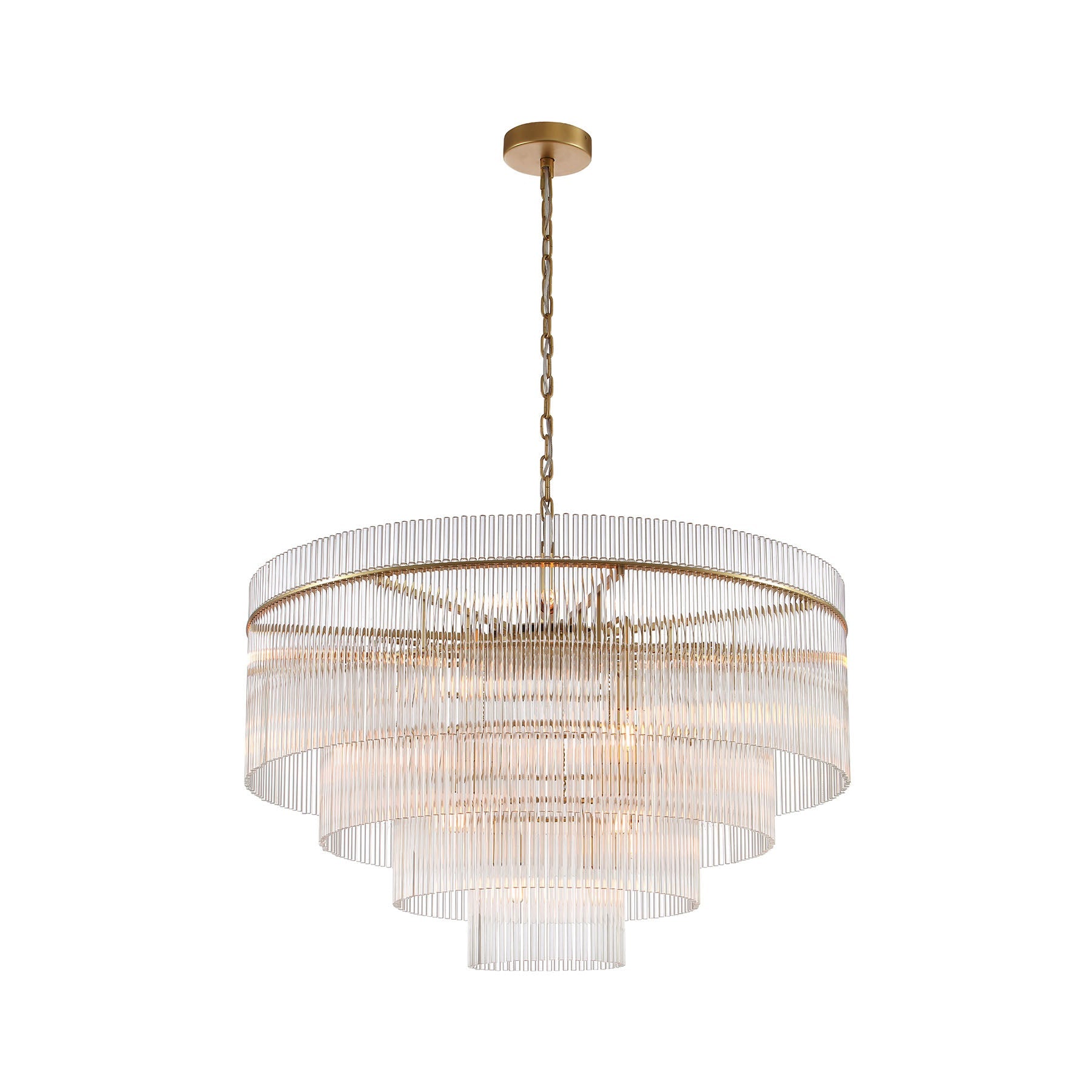 small timelore chandelier with layered crystal tiers and warm aged brass finish