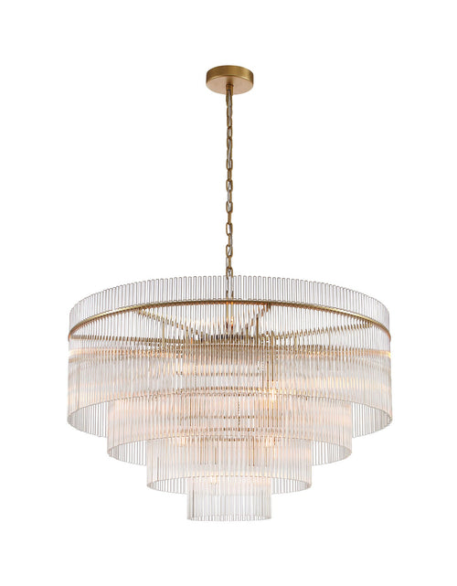 Load image into Gallery viewer, small timelore chandelier with layered crystal tiers and warm aged brass finish
