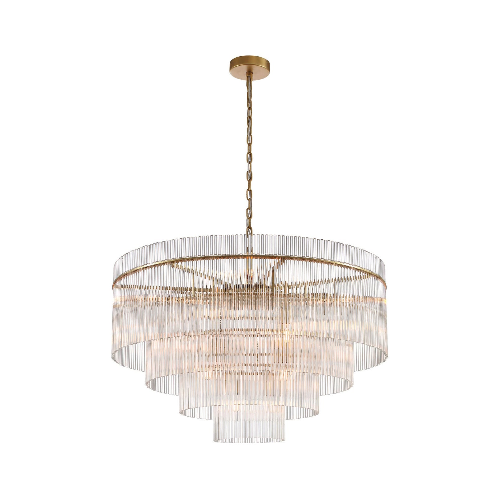small timelore chandelier with layered crystal tiers and warm aged brass finish