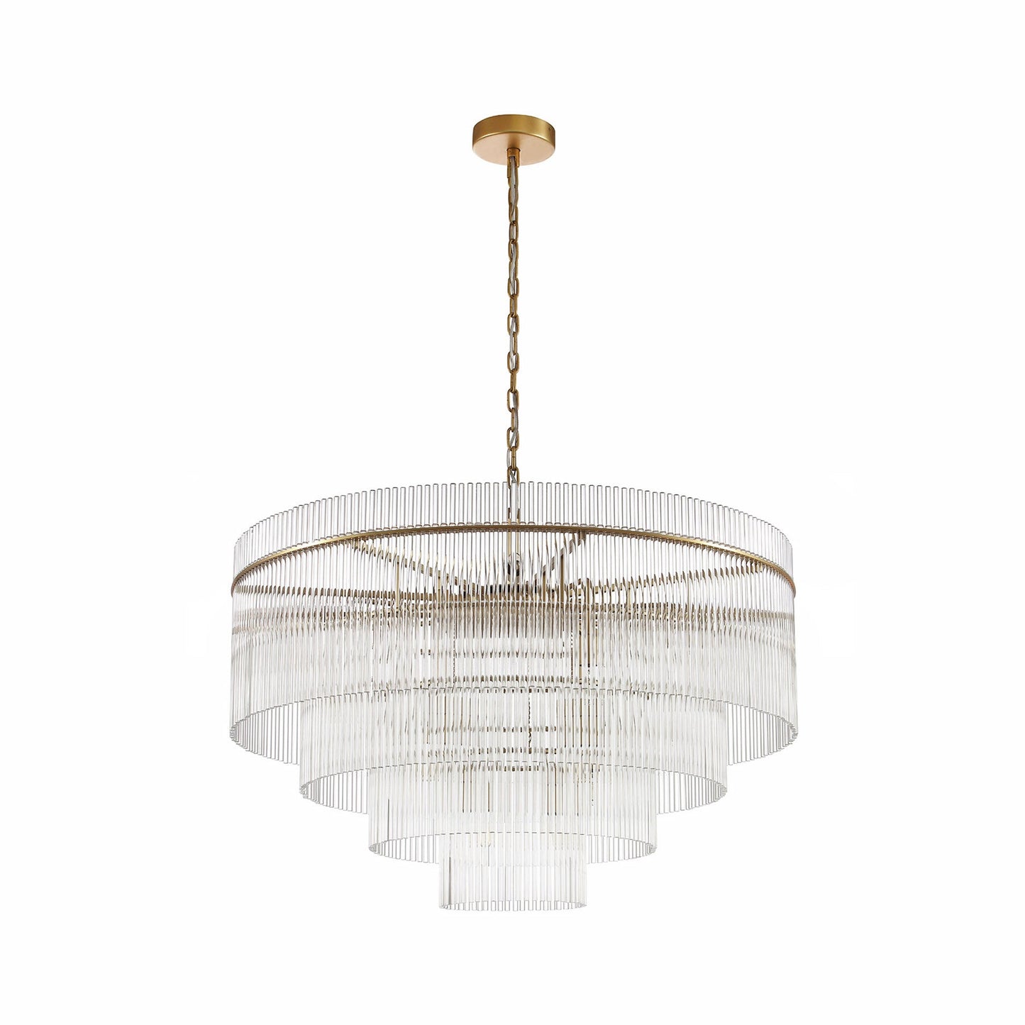 Chandelier with multiple tiers of clear glass on a white background