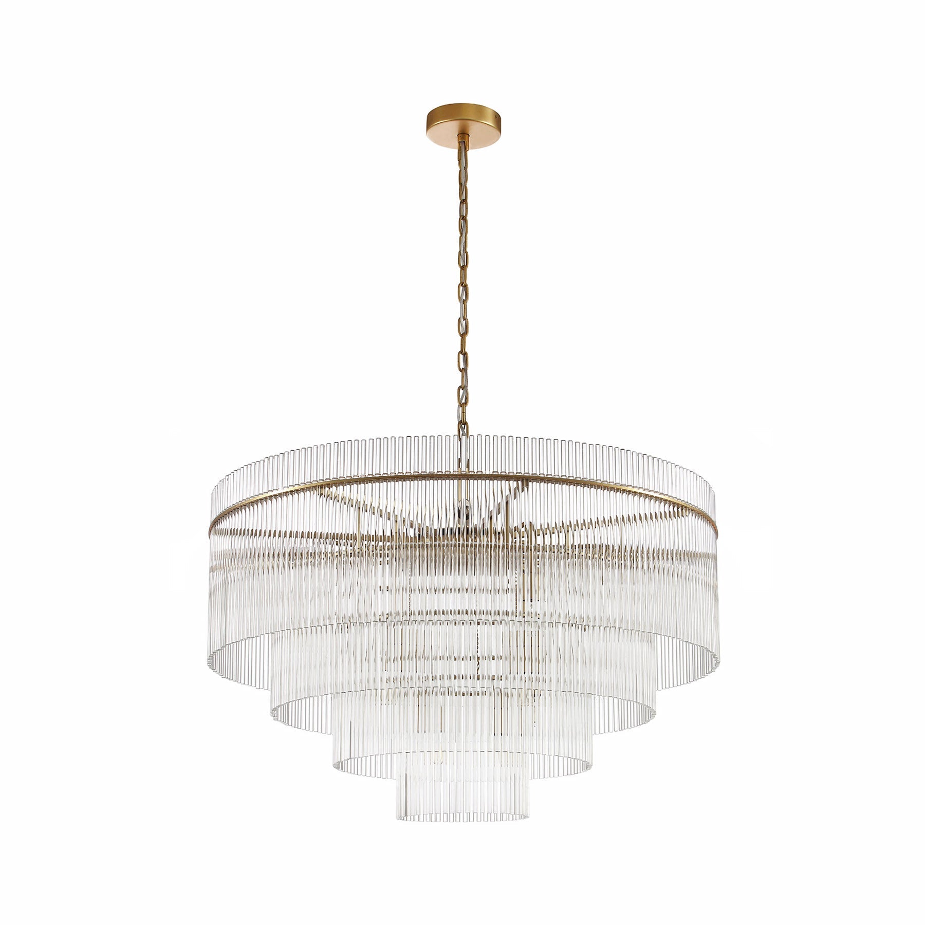 Chandelier with multiple tiers of clear glass on a white background
