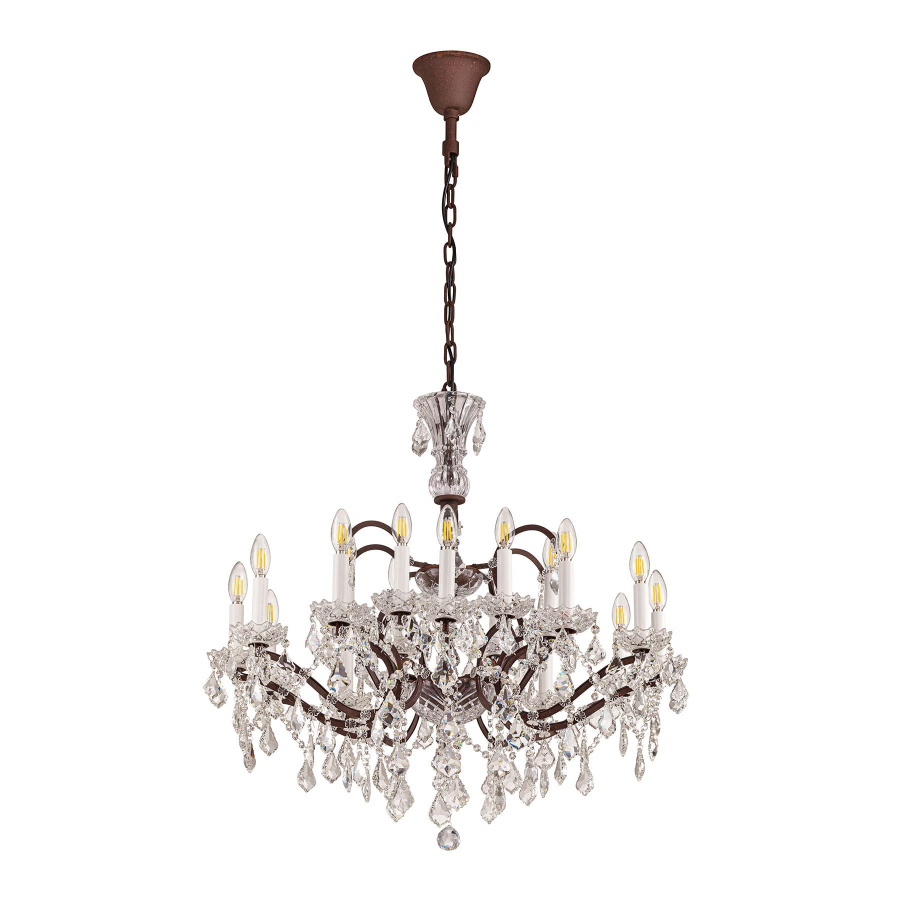 Crystal chandelier with bronze finish on a white background