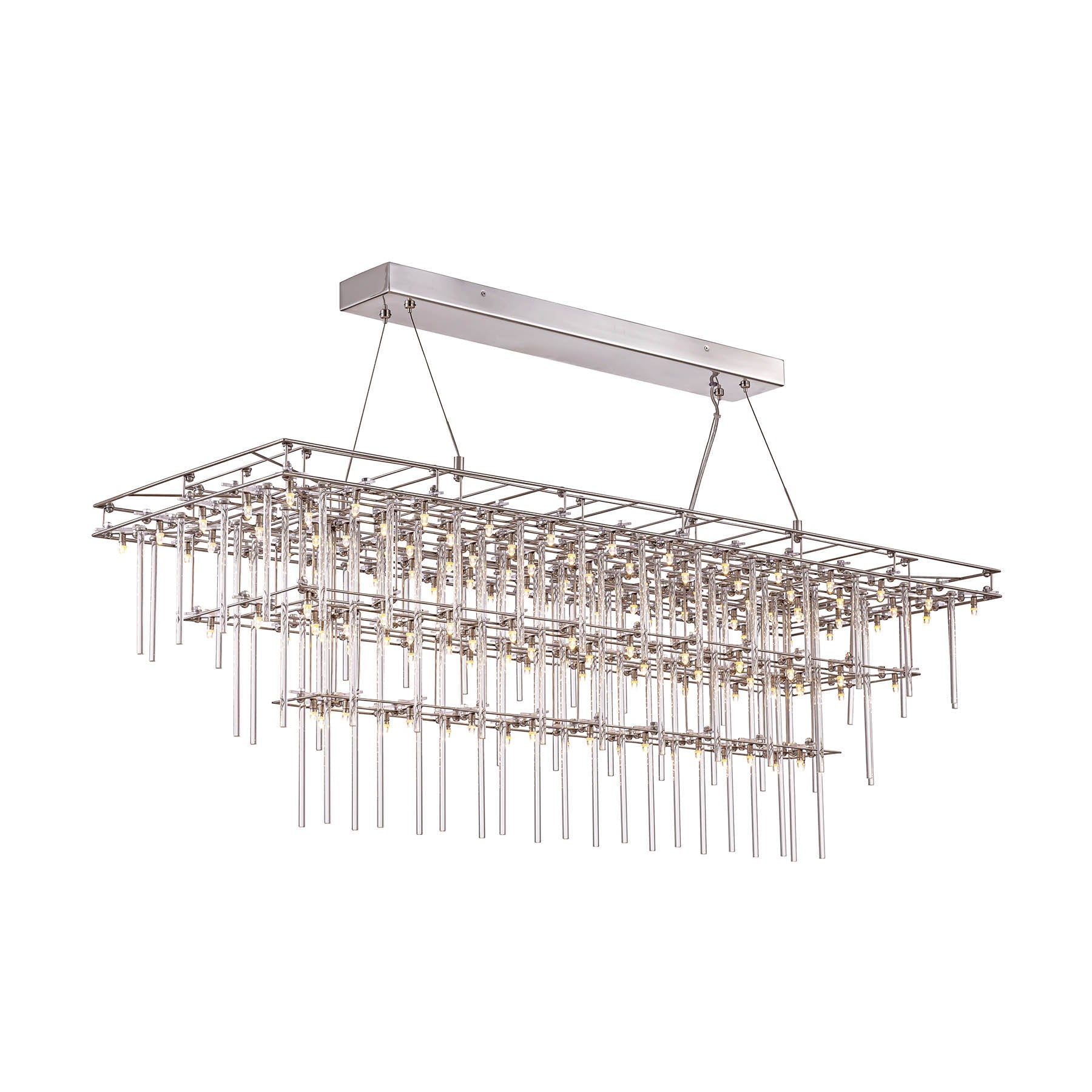 angle view of Stardust chandelier with tiered glass rods and rectangular metal frame 