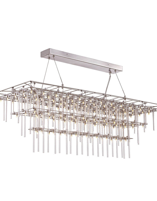 Load image into Gallery viewer, angle view of Stardust chandelier with tiered glass rods and rectangular metal frame 
