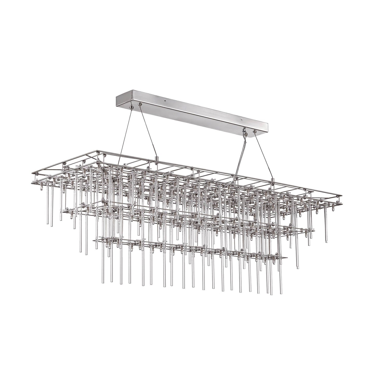 Modern rectangular pendant light with hanging rods on a white background
