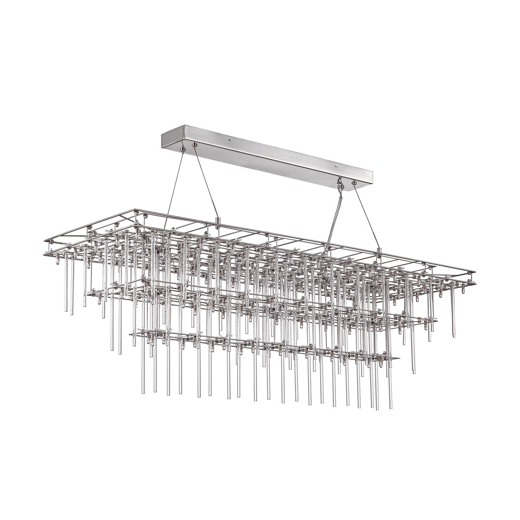 Modern rectangular pendant light with hanging rods on a white background