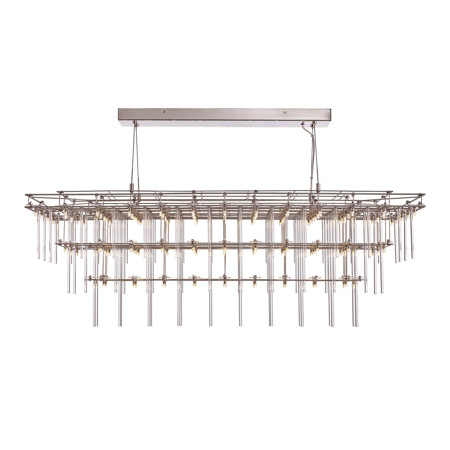 Modern chandelier with rectangular design and hanging lights on a white background