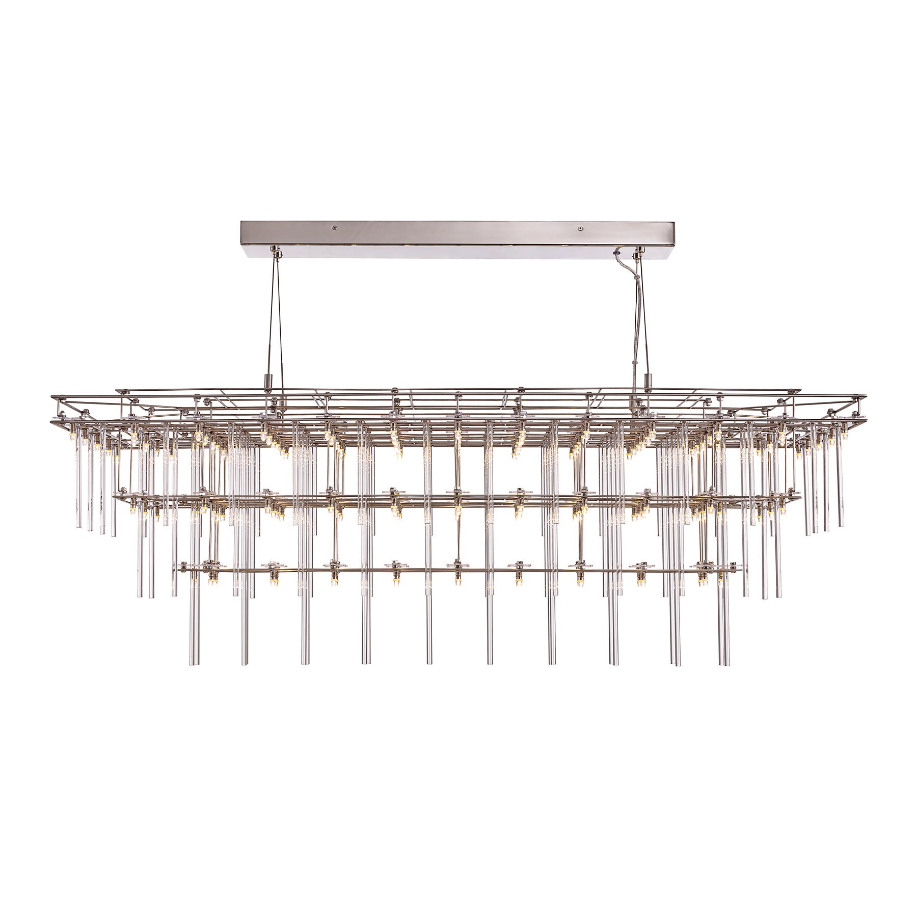 Modern chandelier with rectangular design and hanging lights on a white background