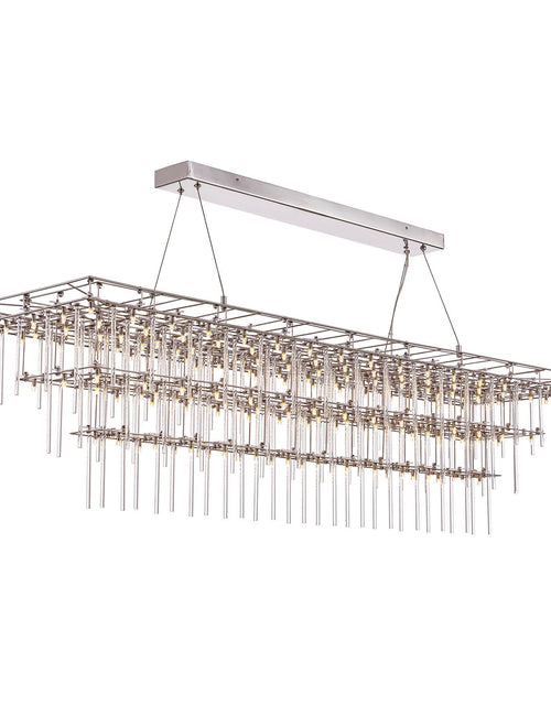 Load image into Gallery viewer, angle view of Stardust chandelier with tiered glass rods and rectangular metal frame 
