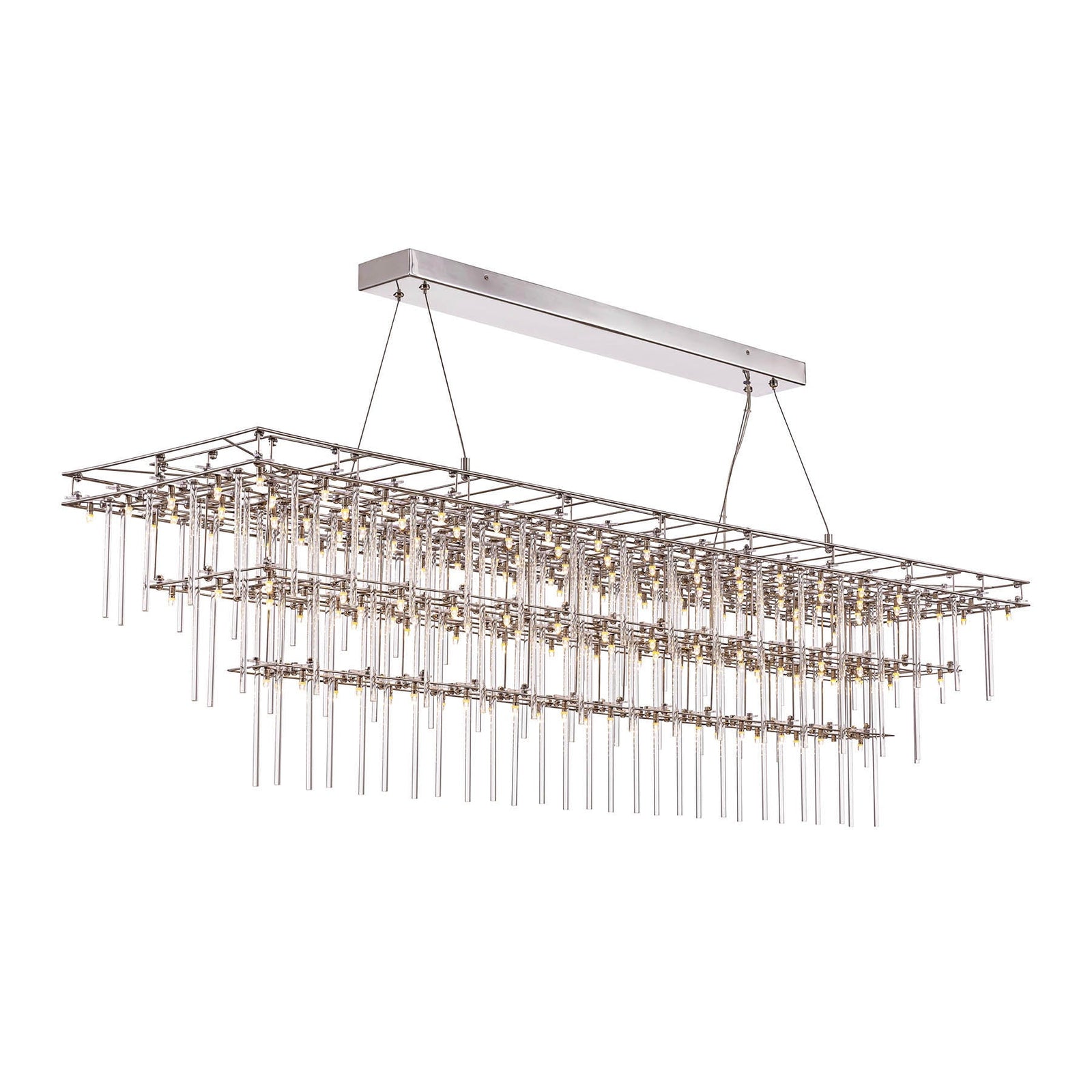 angle view of Stardust chandelier with tiered glass rods and rectangular metal frame 