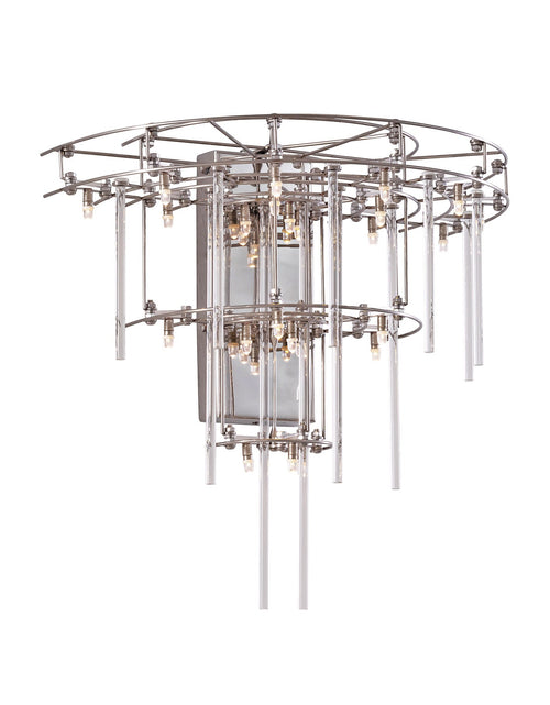 Load image into Gallery viewer, Front view of large Stardust Sconce Lamp with multi-layered geometric design and hand-pulled glass rods, isolated on white background
