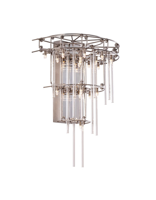 Load image into Gallery viewer, small Stardust Sconce Lamp with geometric stainless steel frame and cascading clear glass rods, isolated on white background
