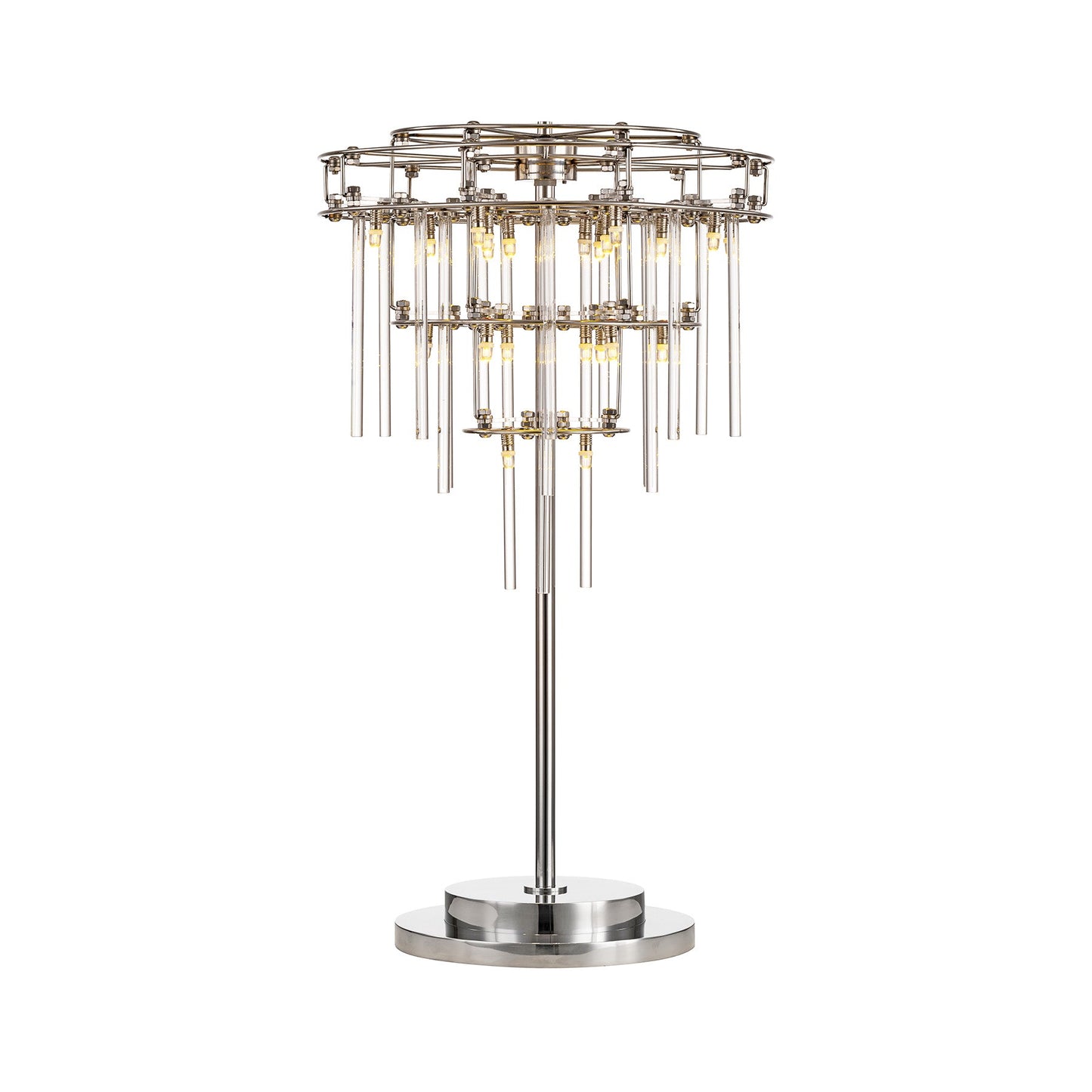 Decorative table lamp with metallic design and hanging elements on a white background