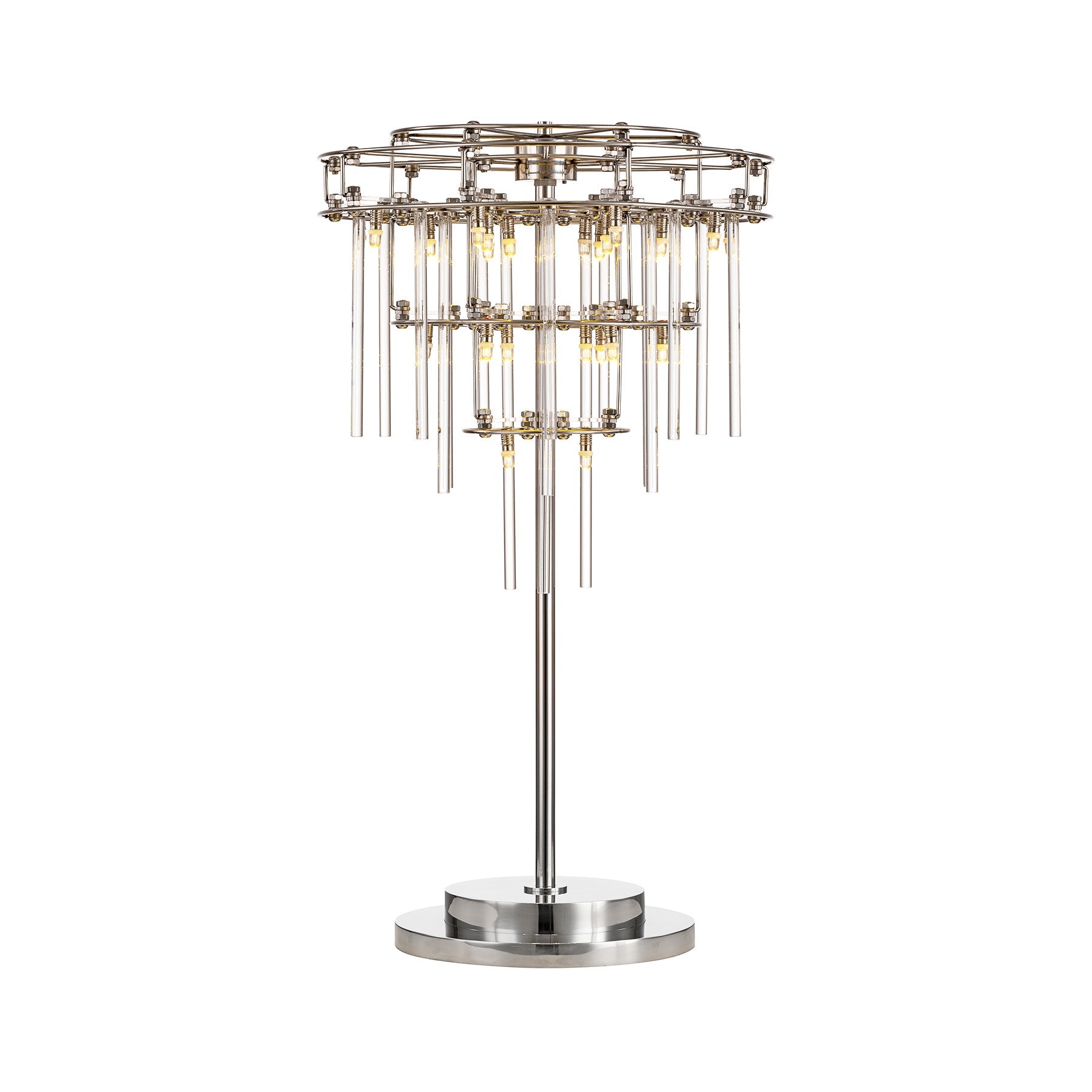 Decorative table lamp with metallic design and hanging elements on a white background